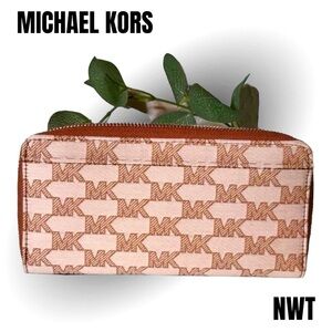 MICHAEL KORS ZIP AROUND WALLET NWT FABRIC EXTERIOR MK LOGO PRINT